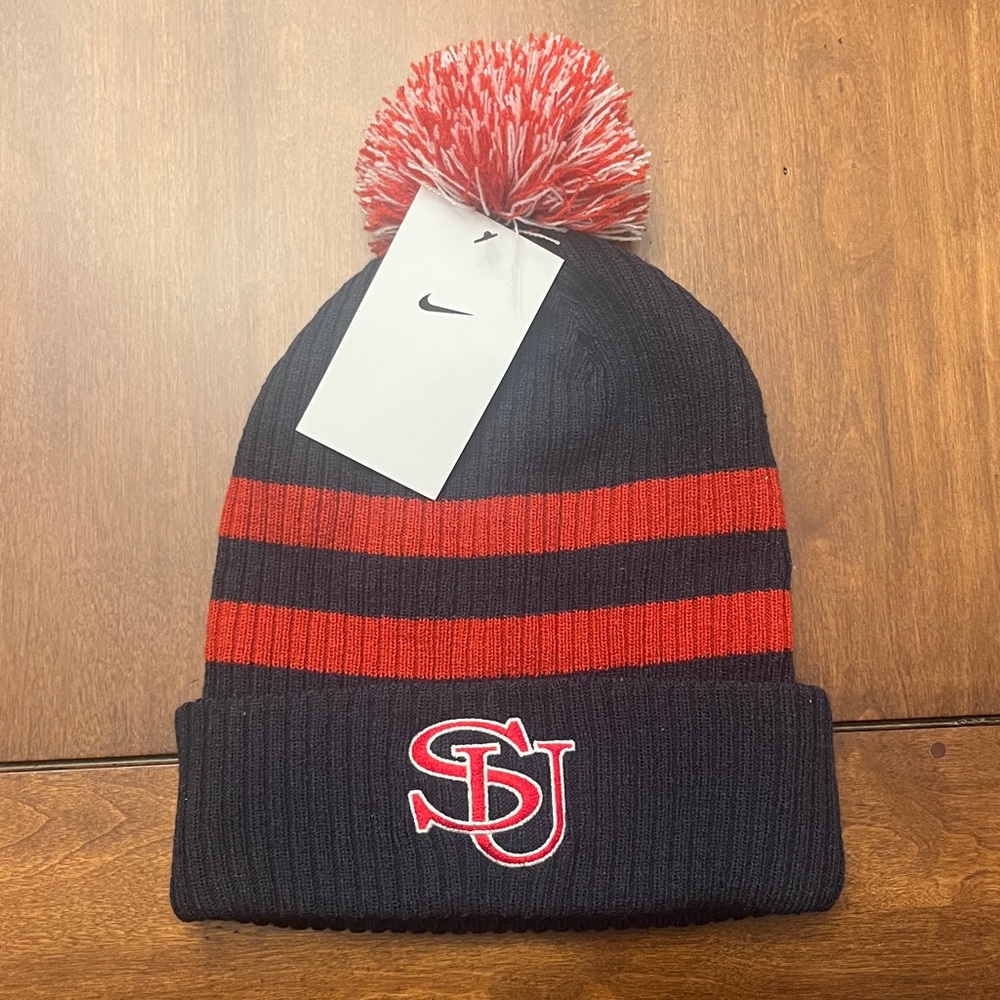 Nike Navy & Red Pom Beanie with Embroidered Shippensburg University logo